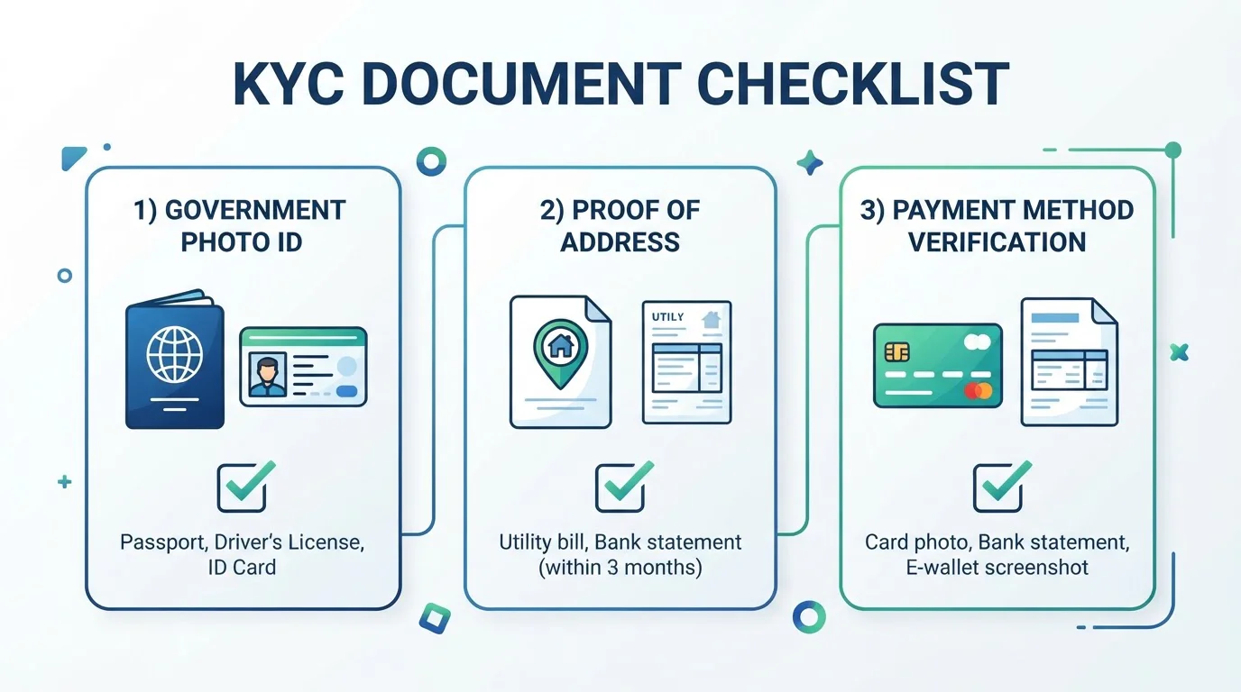 KYC verification documents checklist showing ID, proof of address and payment verification