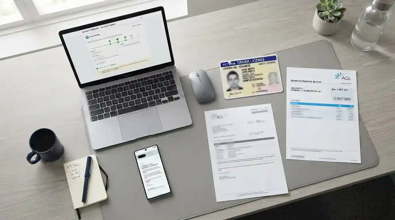 Clean desk setup with government ID, proof of address document, and laptop displaying casino verification form