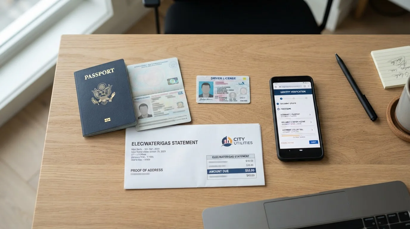 Document verification process with photo ID and proof of address on desk