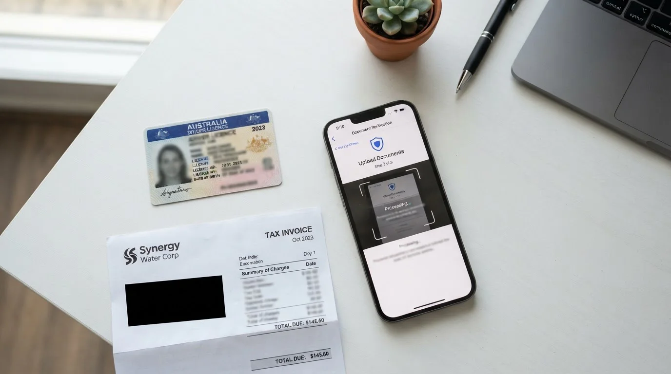 Flat lay of KYC verification documents including Australian driver license and utility bill on desk with smartphone