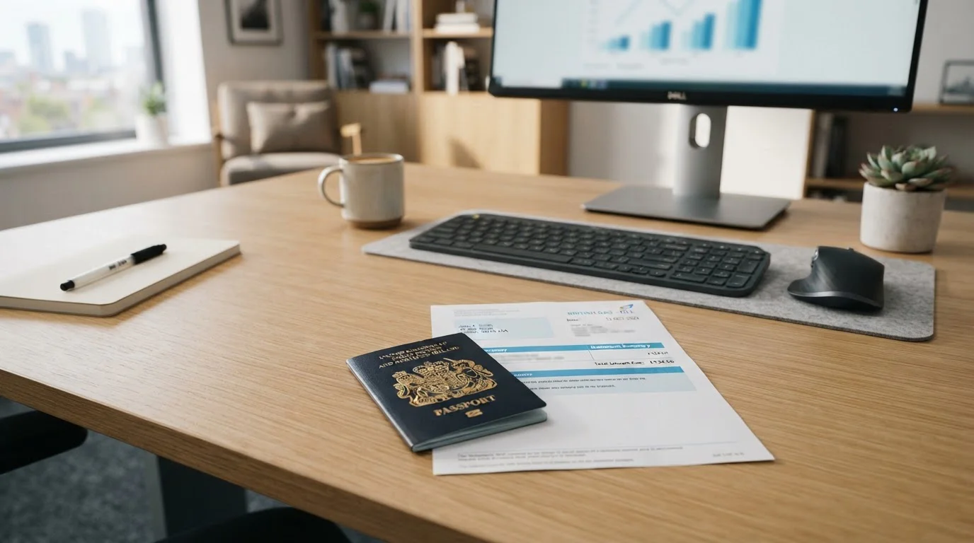 Passport and utility bill on desk ready for identity verification