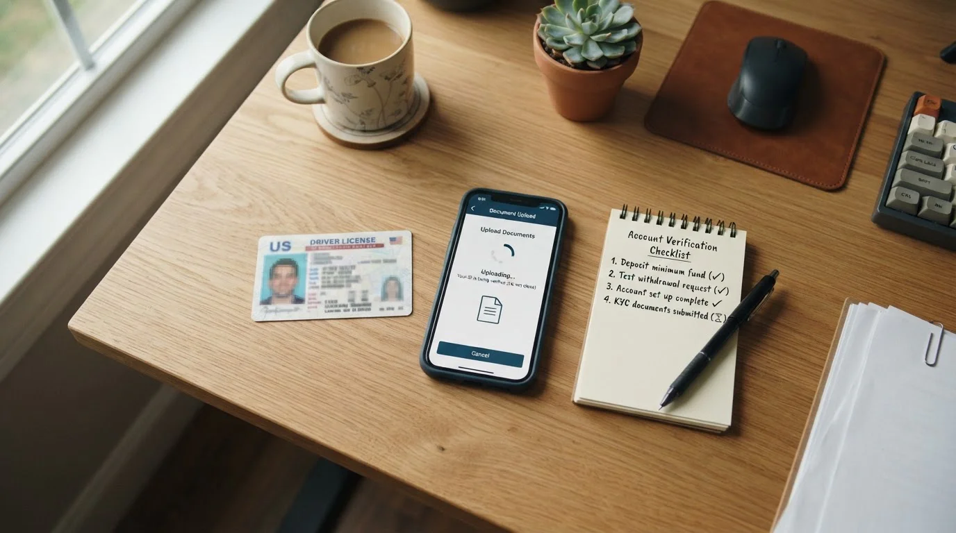 Desk with ID document, smartphone showing verification upload, and notepad with withdrawal test protocol checklist