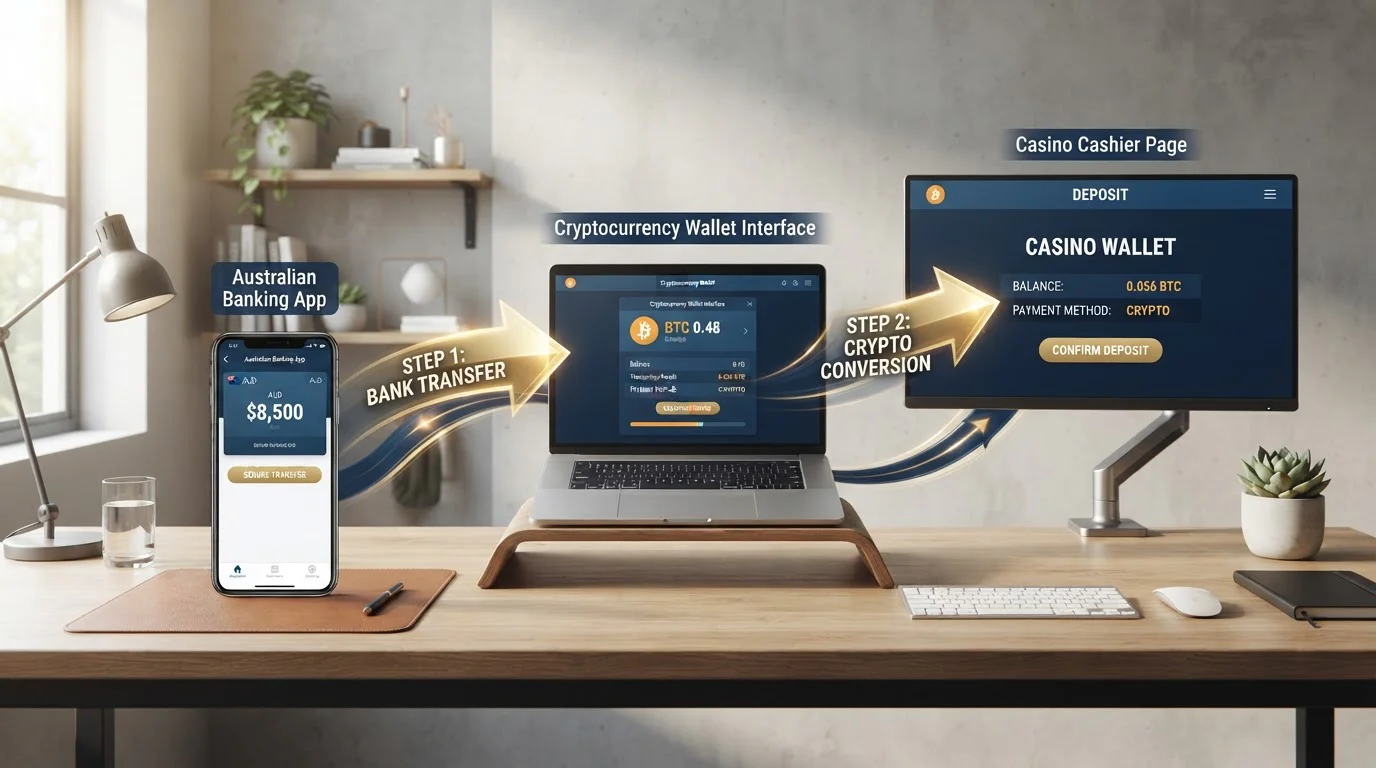 Step-by-step diagram showing Litecoin deposit flow from Australian exchange to casino wallet