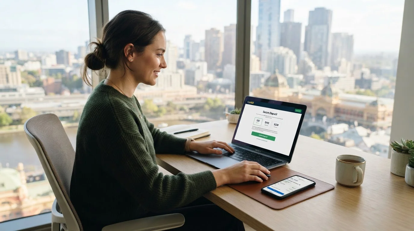 Australian player at laptop reviewing low deposit casino options on mobile device