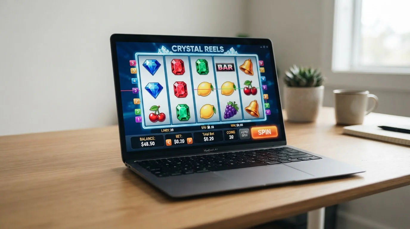 Laptop screen showing online pokies game reels with low bet size selection