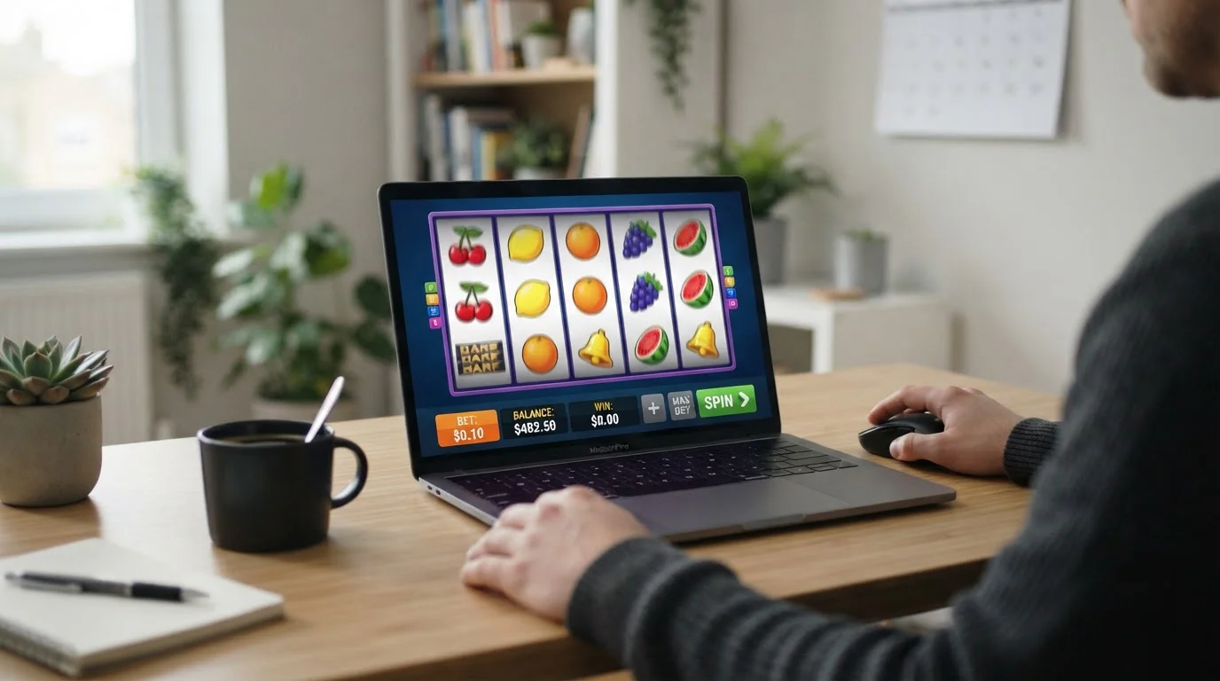 Pokie reels spinning on laptop screen showing low-volatility slot with small bet size displayed