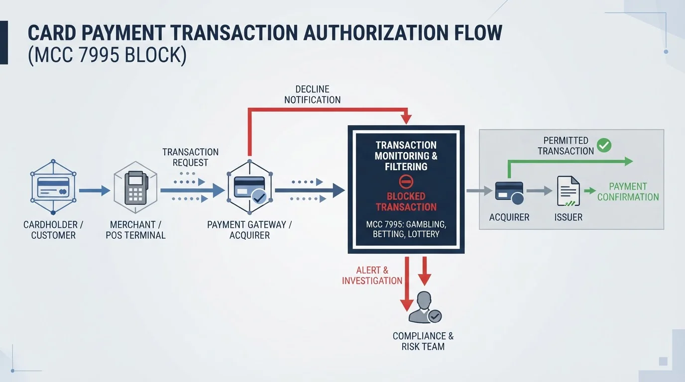 Clean diagram showing MCC 7995 transaction flow with bank blocking credit card payment
