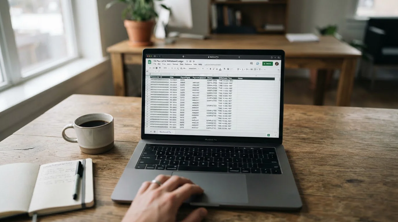 Laptop screen showing casino comparison spreadsheet with withdrawal times and payment data