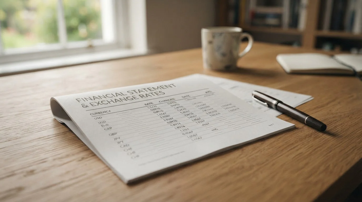 Calculator and financial statement showing currency exchange rates and transaction fees