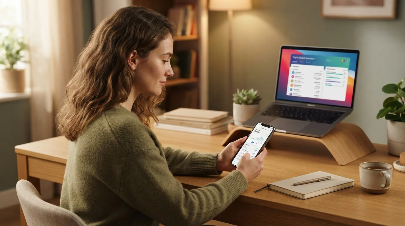 Person at desk reviewing banking app on smartphone with laptop showing e-wallet interface