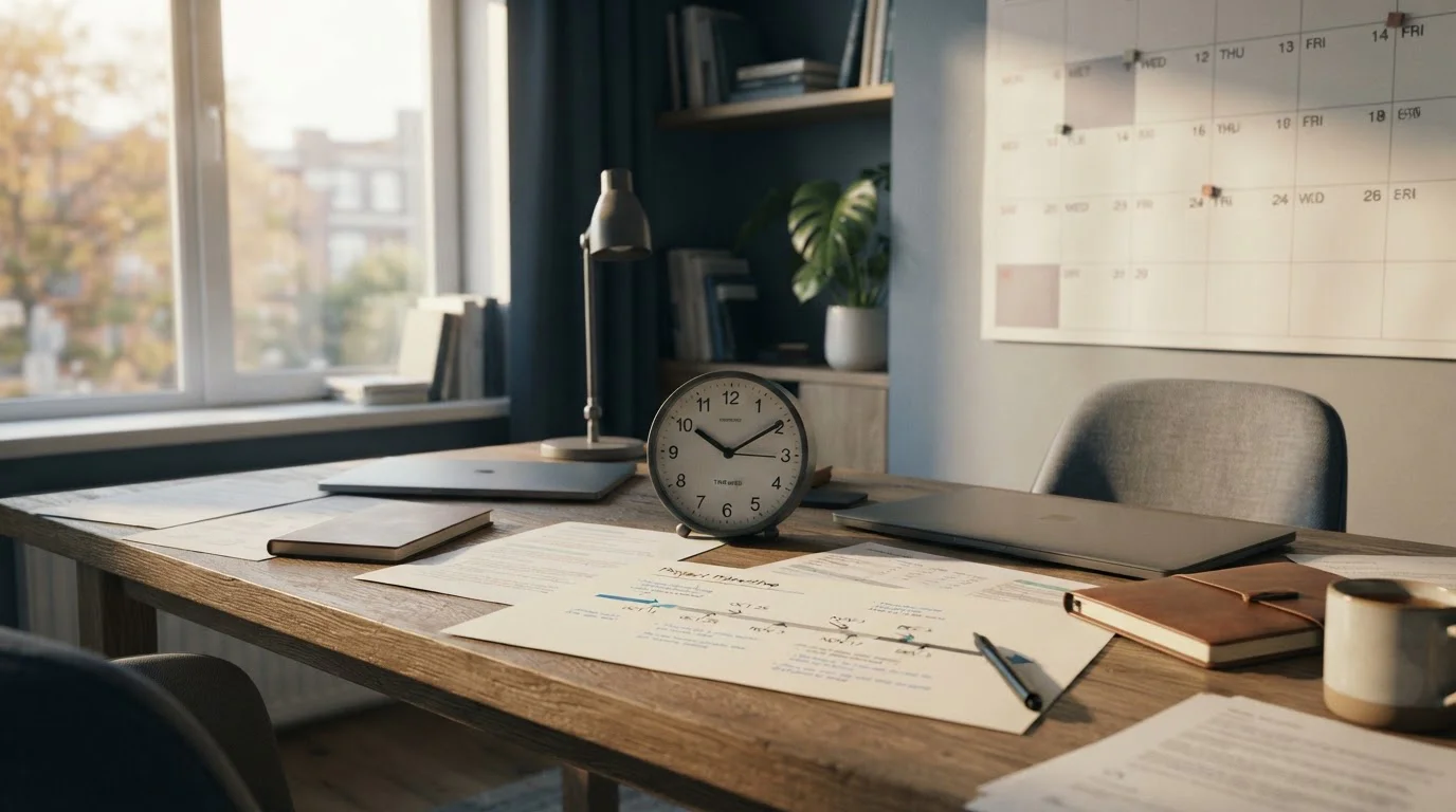 Clock and calendar with banking transfer documents showing timeline progression