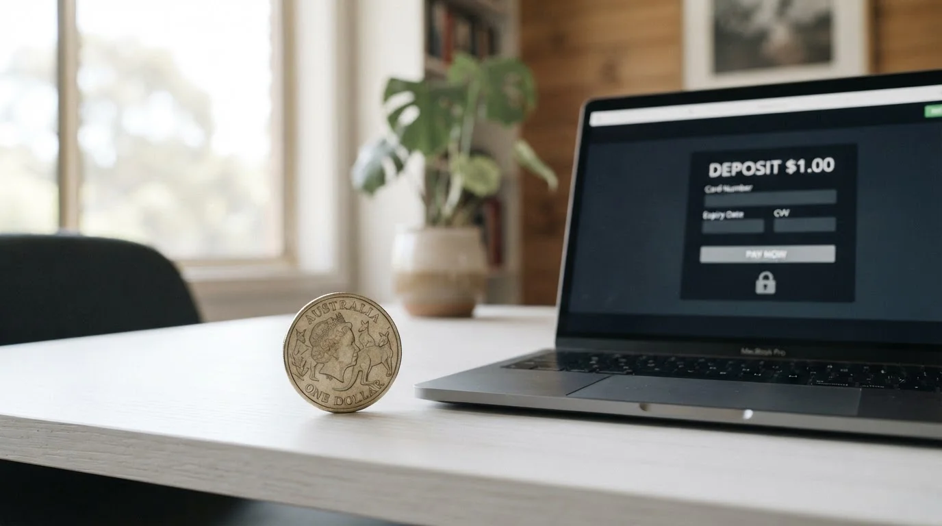 One dollar coin on a clean desk with laptop showing casino deposit screen