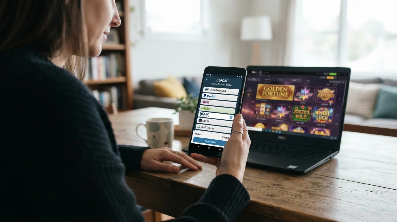 Mobile phone showing casino cashier interface with BPAY option and pokies game library visible