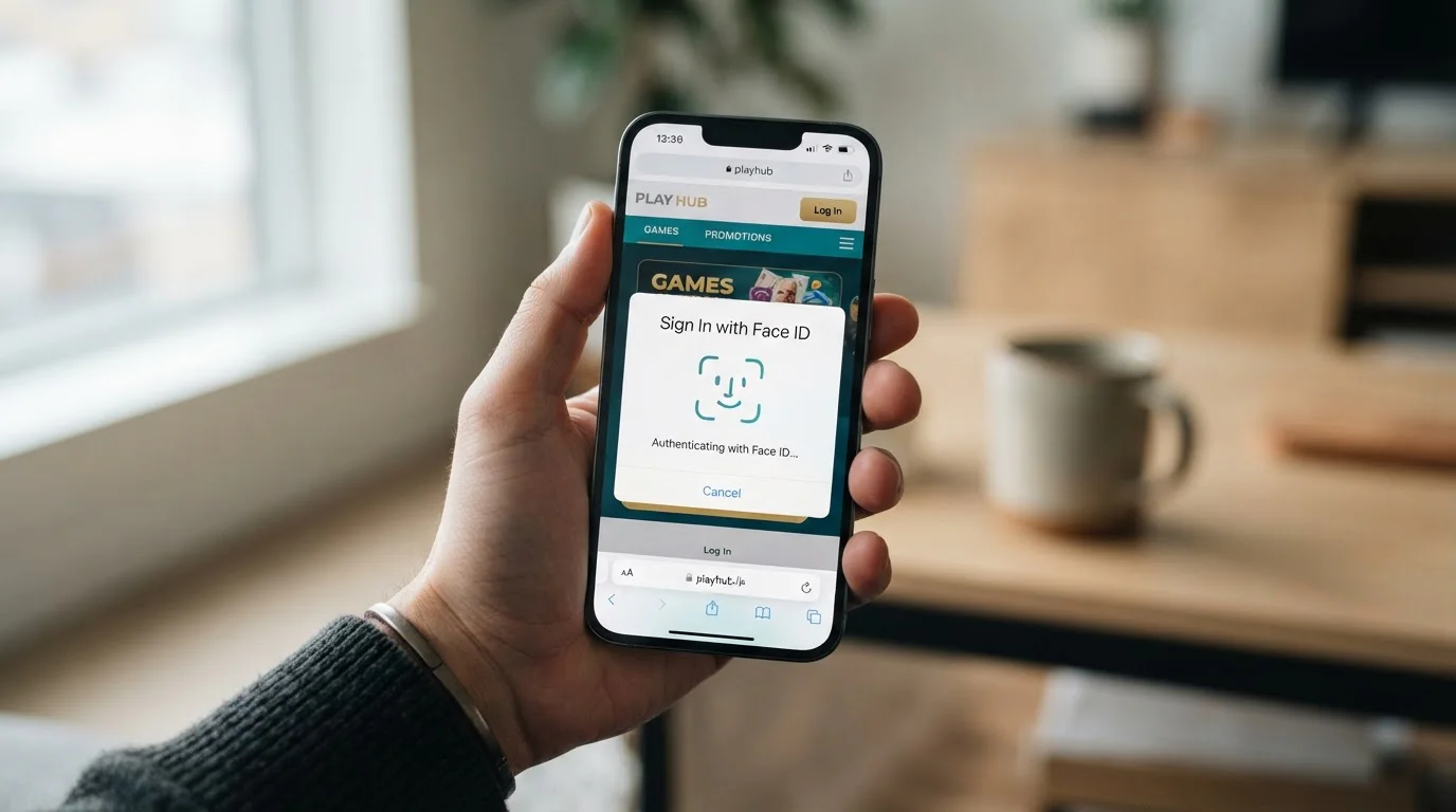 Smartphone in hand showing casino app with Face ID authentication prompt