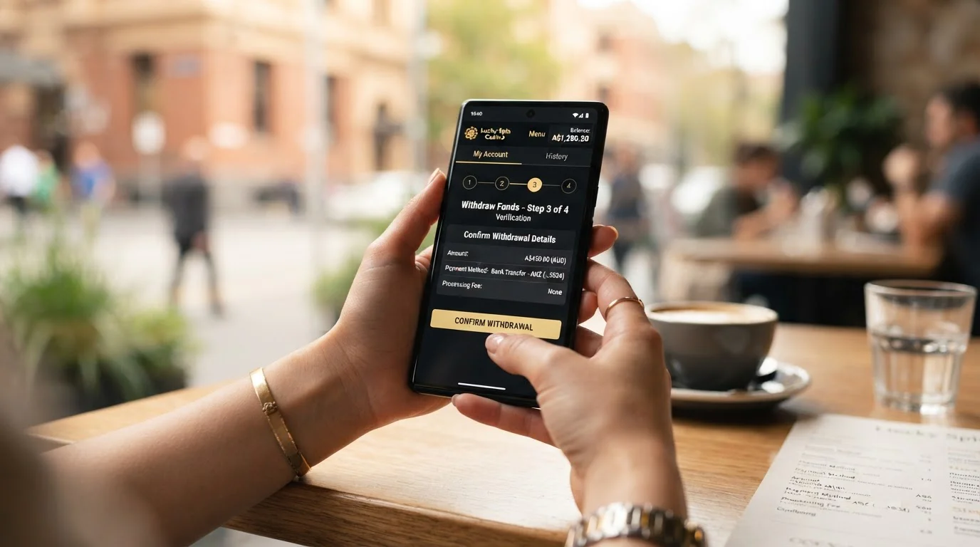 Hands holding smartphone showing casino mobile app withdrawal process