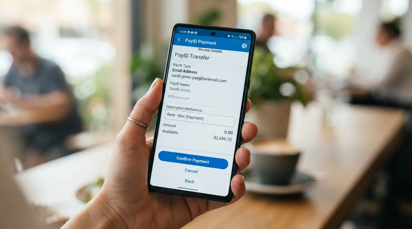 Close-up of smartphone screen showing PayID payment interface with Australian banking app