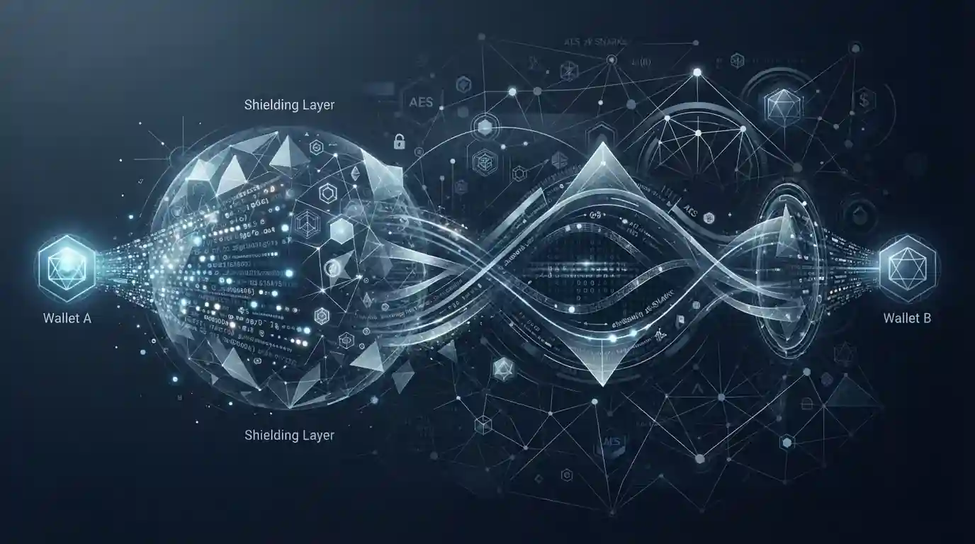 Monero privacy coin symbol with obfuscated transaction visualization