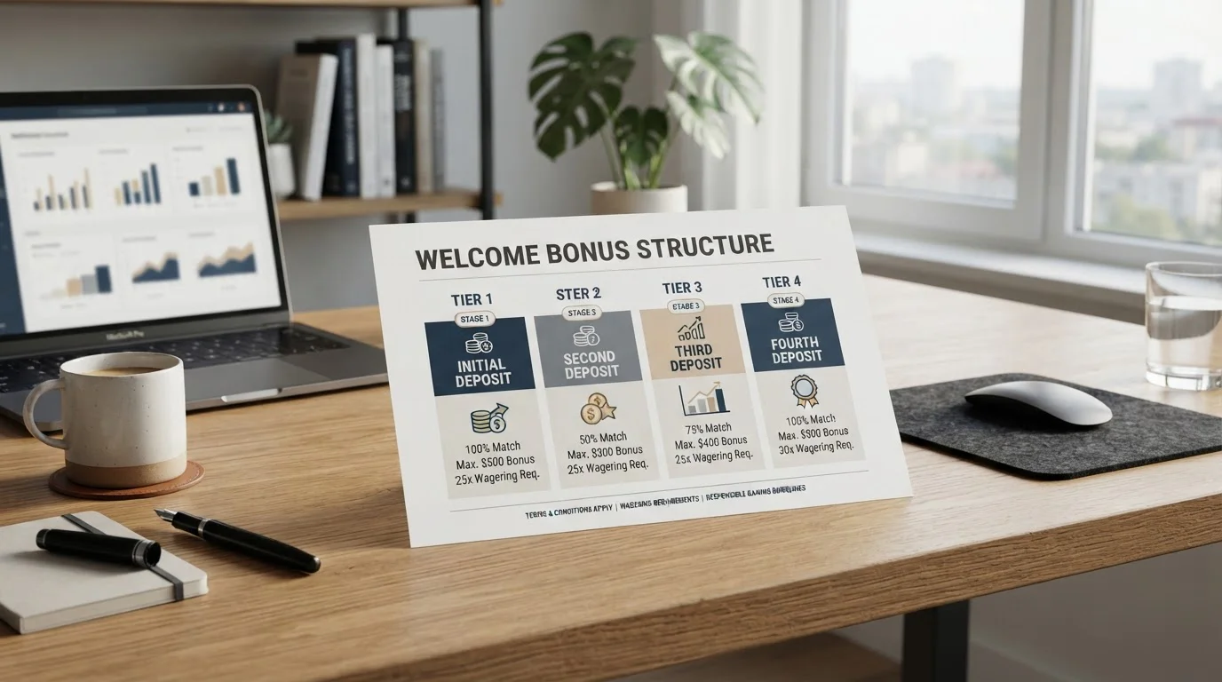 Desktop workspace showing multi-stage welcome bonus structure across four deposit tiers