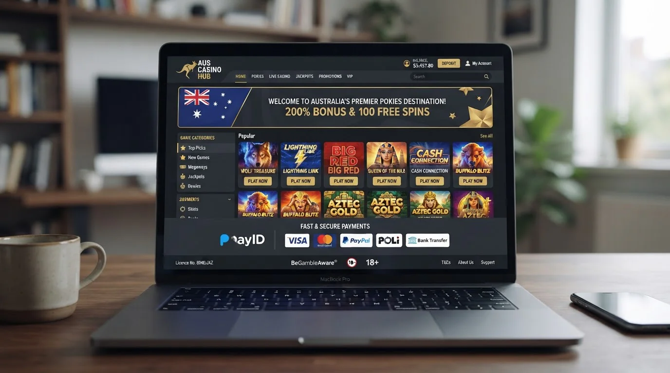 Neospin casino homepage showing game library grid and PayID payment icon