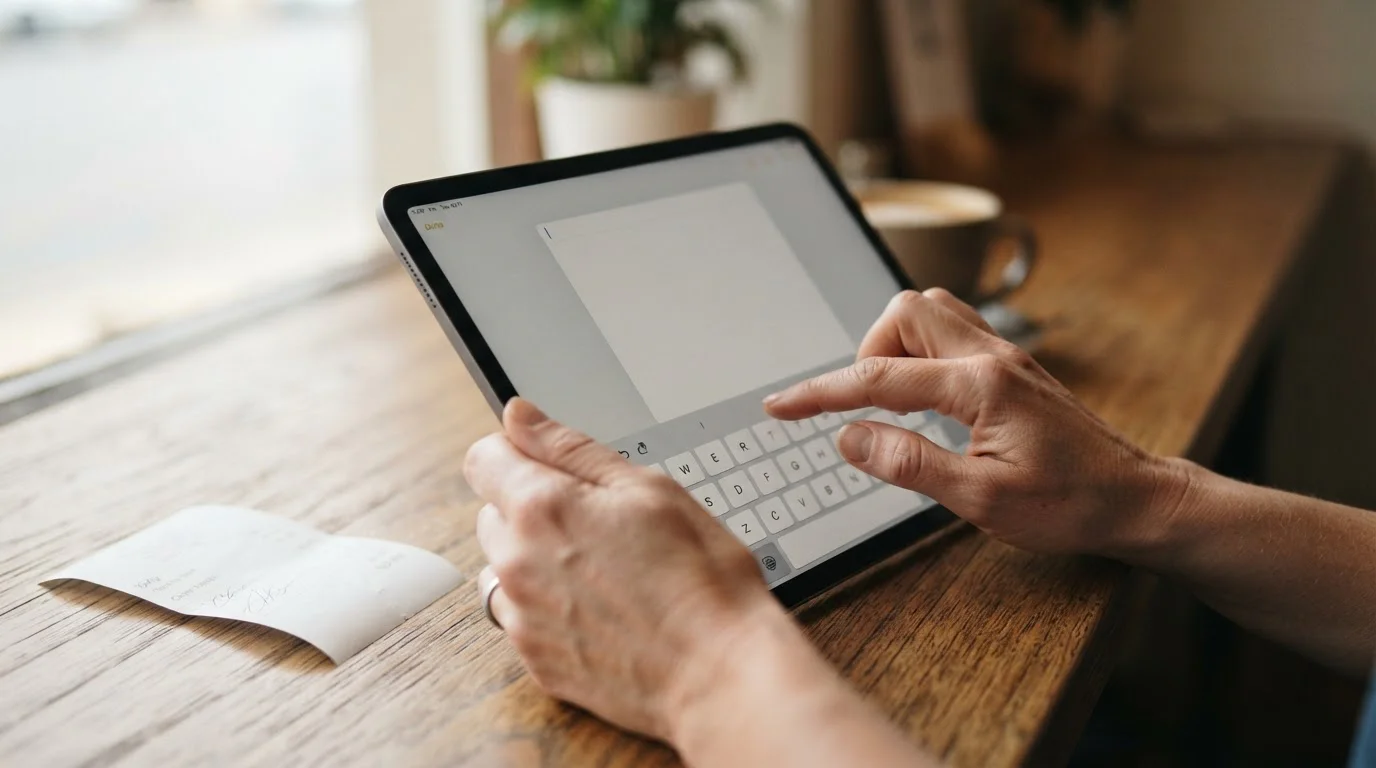 Hands entering a voucher code into a cashier form on a tablet