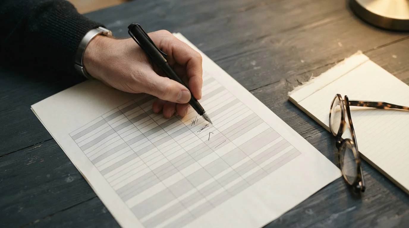 Person at a desk annotating a printed fee schedule with a pen