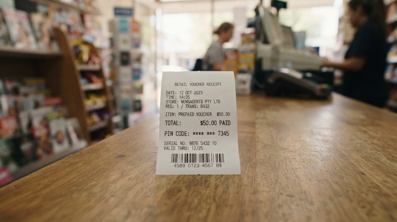 Prepaid voucher receipt with PIN code at retail counter