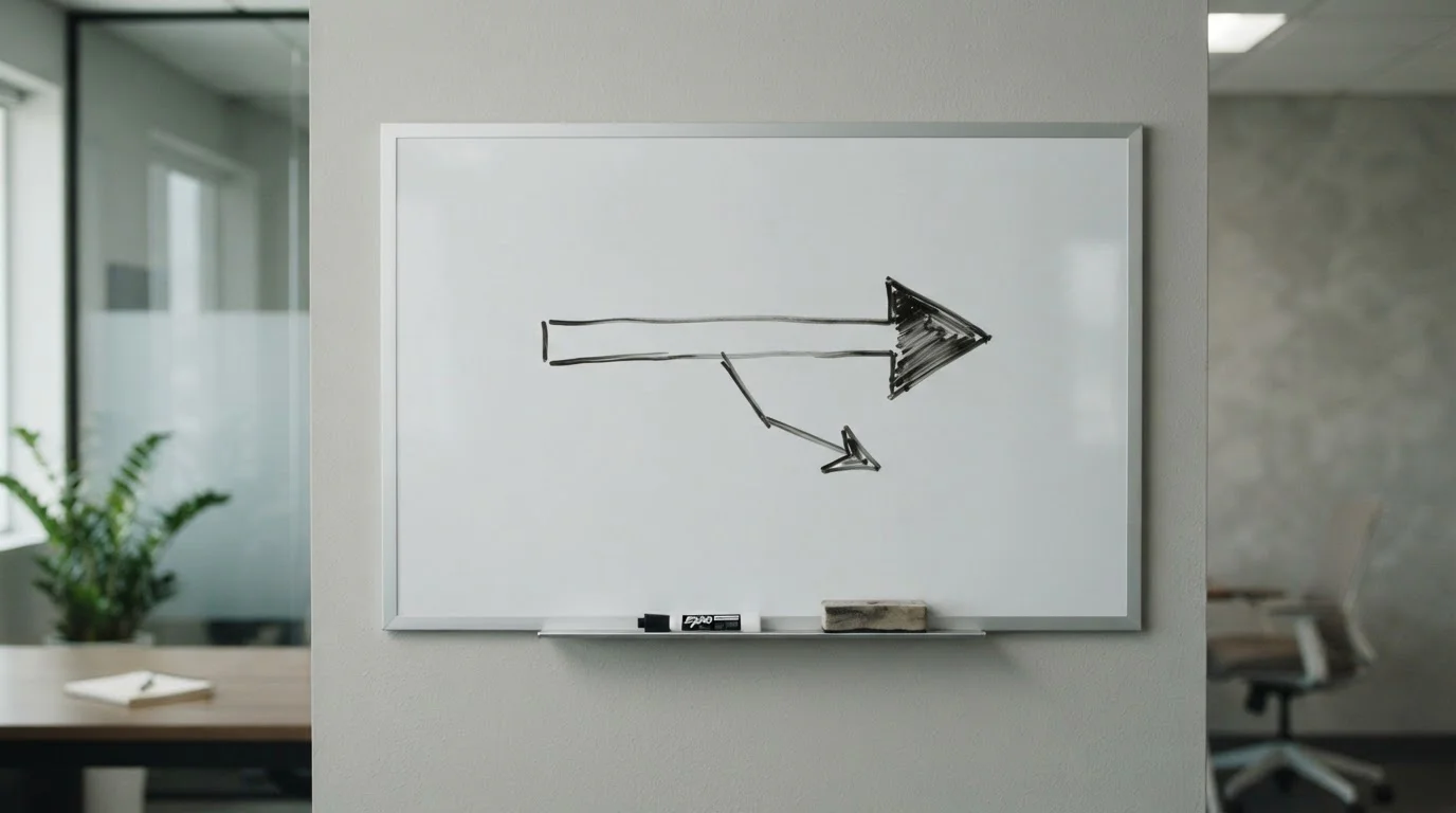 One-way arrow diagram on a whiteboard showing a single direction of flow