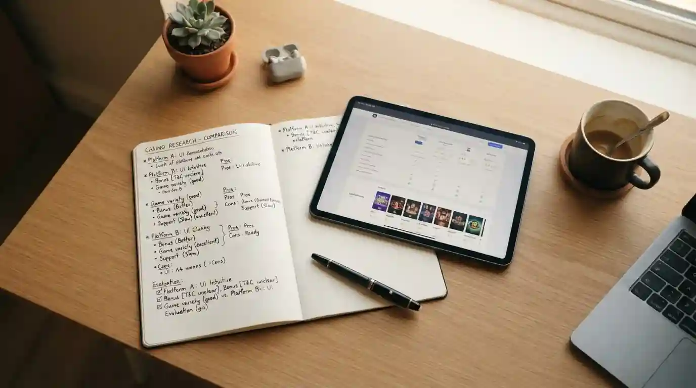 Overhead view of organized desk with comparison notes and tablet showing casino interfaces