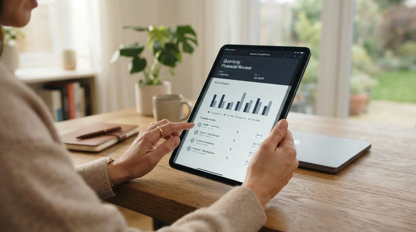 Person holding tablet displaying financial document with currency symbols