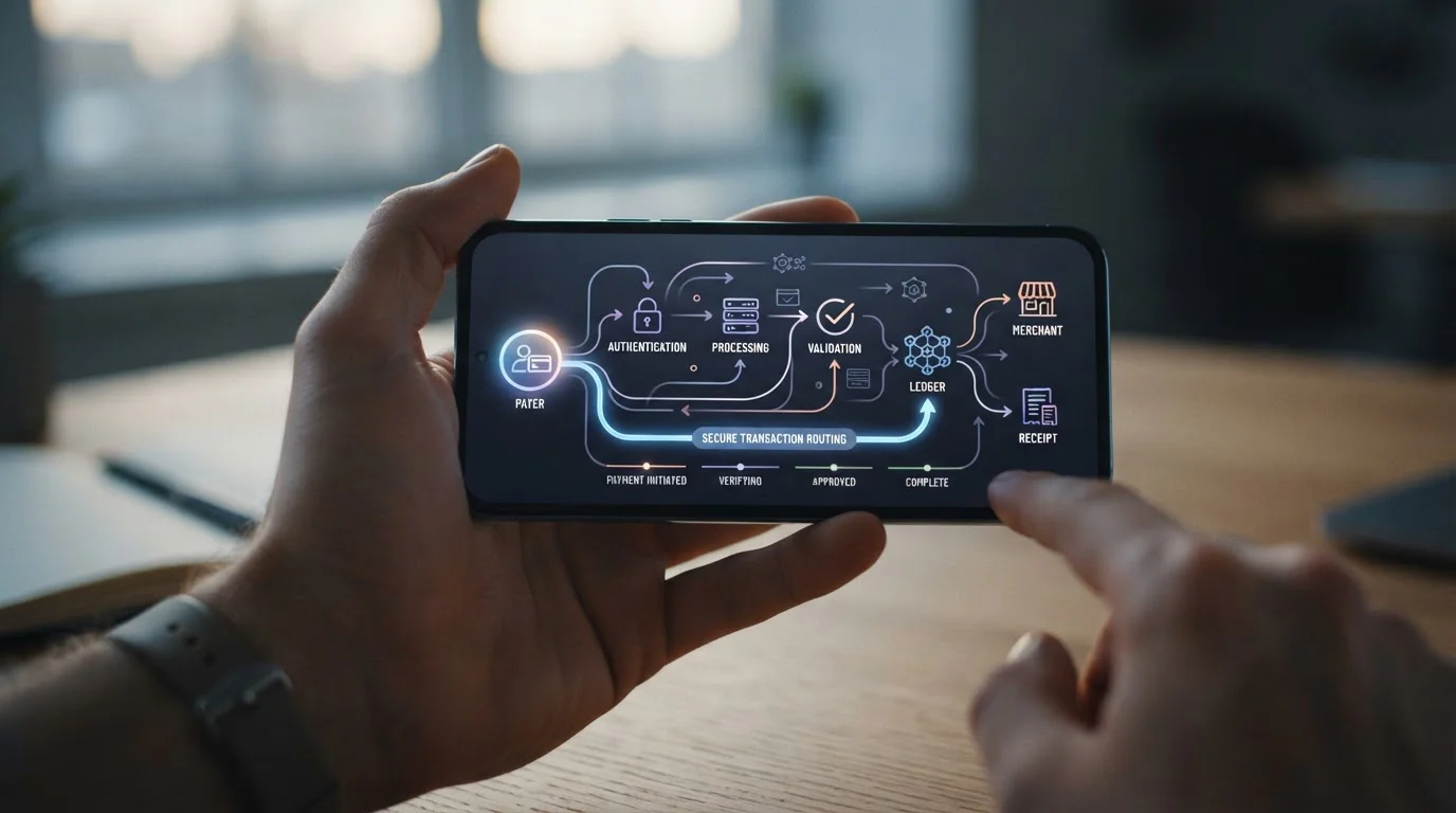 Smartphone screen showing simplified payment flow diagram with abstract arrows