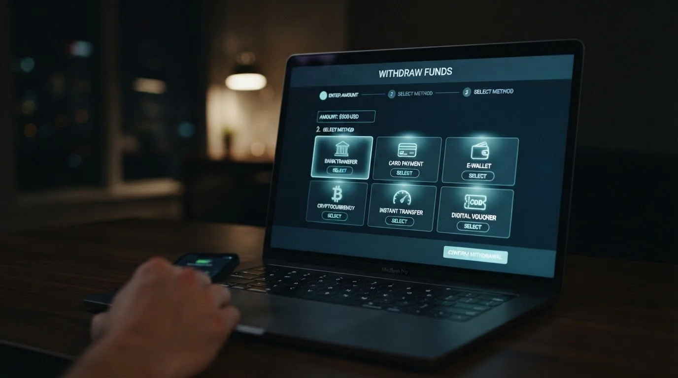 Laptop screen showing withdrawal interface with multiple payment method icons