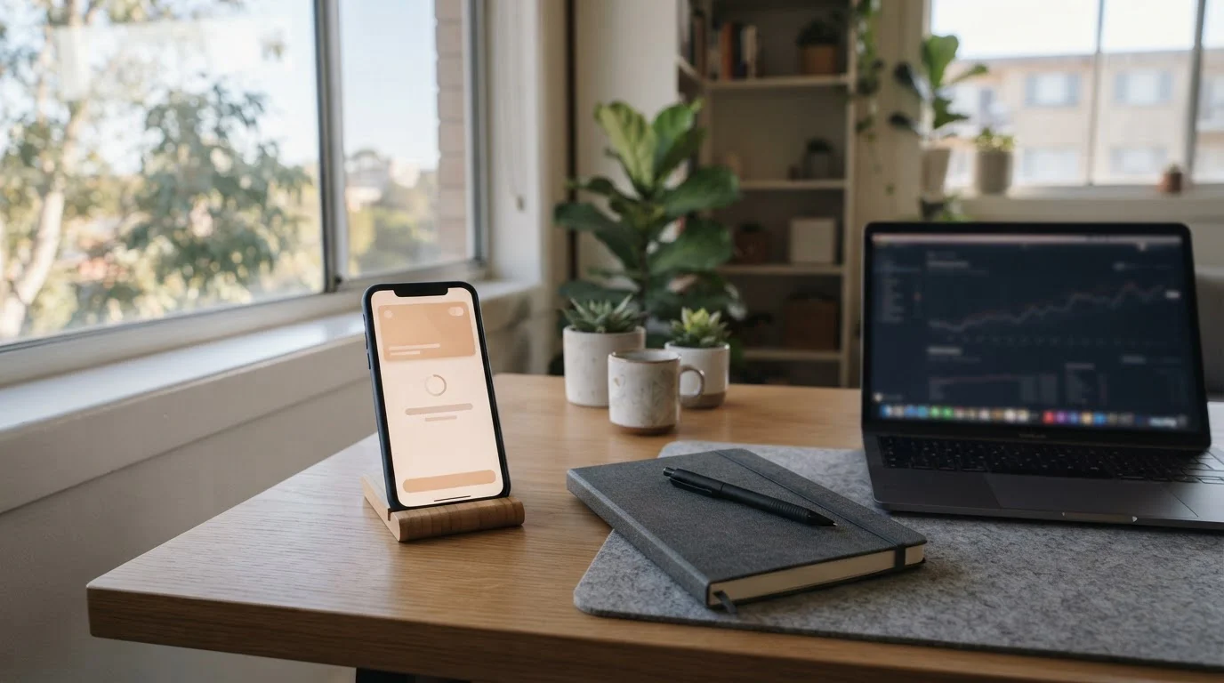 Smartphone and laptop on a home desk set up for a PayID pokies deposit