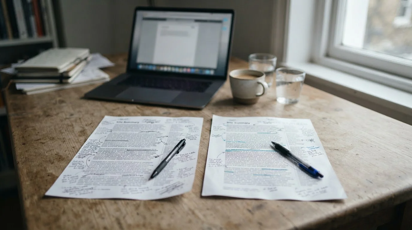 Two printed summaries of new PayID pokies sites annotated by hand on a desk