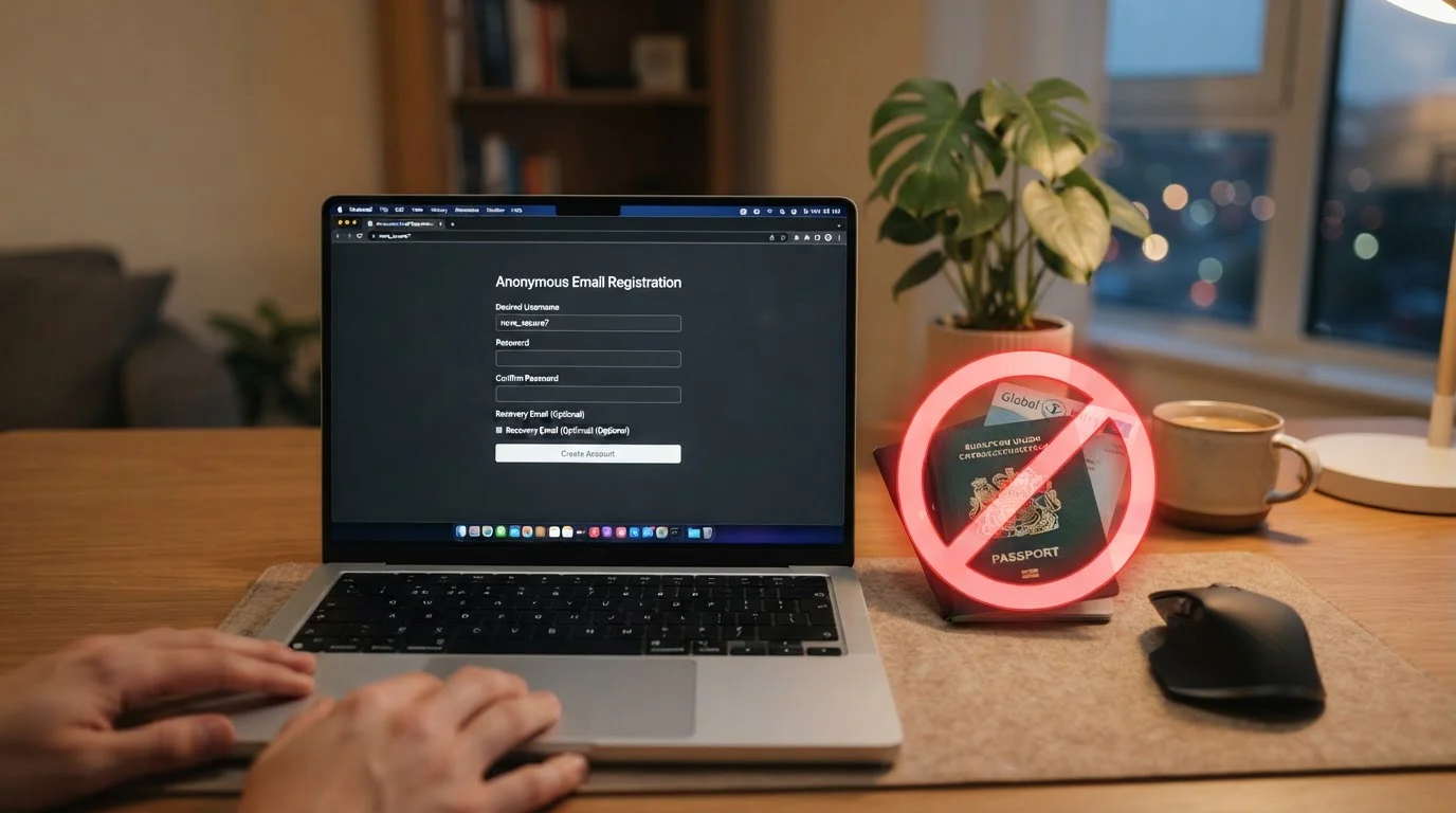 Laptop screen showing anonymous email registration form next to passport documents with red prohibition symbol overlay