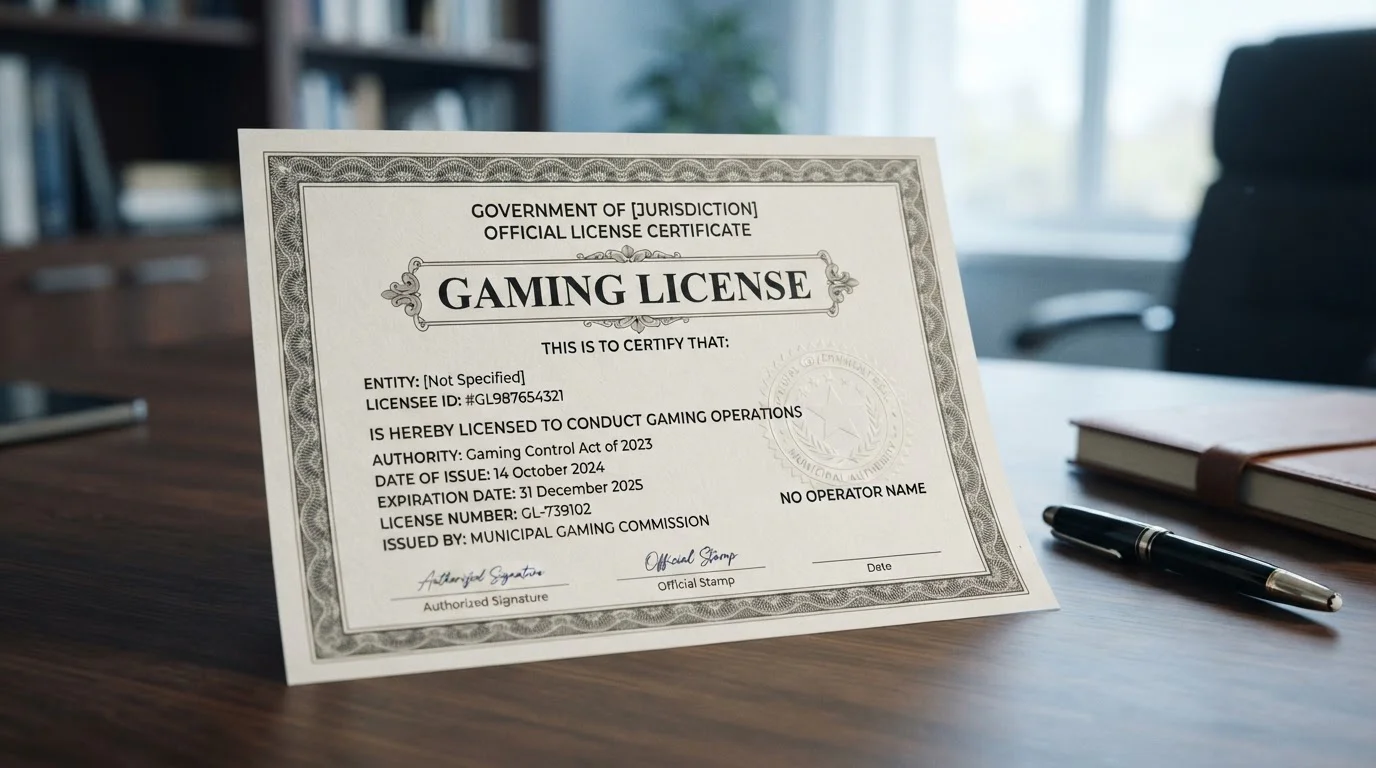 Generic gaming license certificate document on office desk