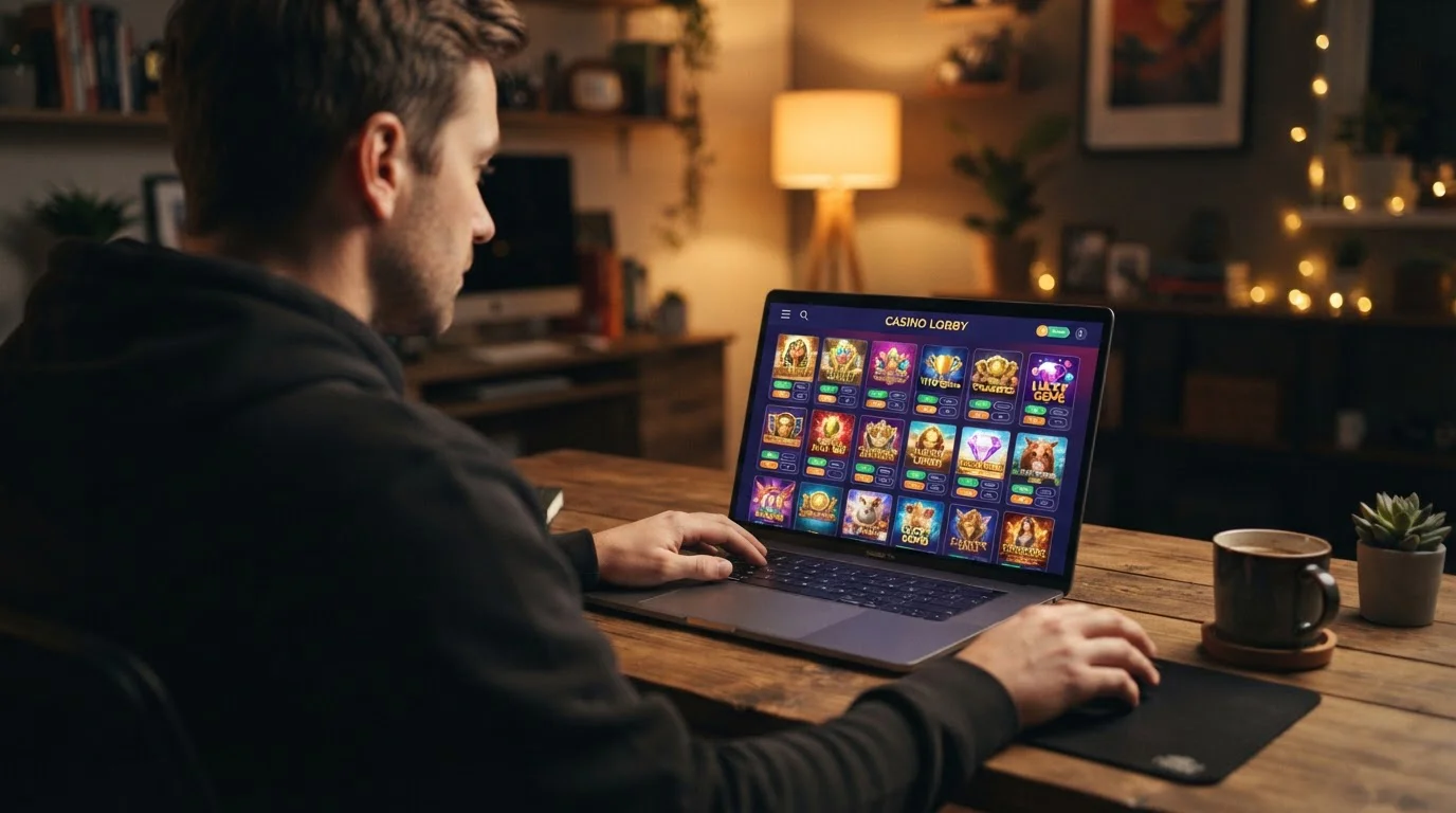 Over-shoulder view of person browsing casino game lobby on laptop