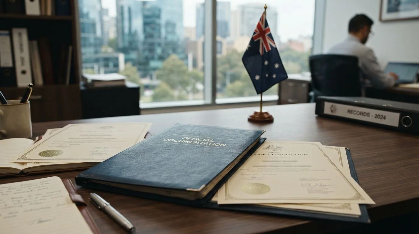 Legal document with Australian flag and offshore casino license certificates
