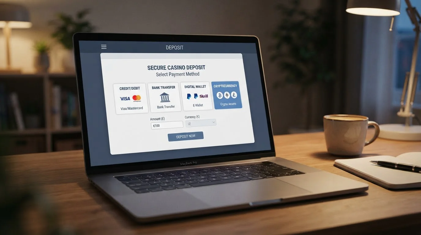 Laptop screen showing offshore casino cashier with PayID and cryptocurrency deposit options