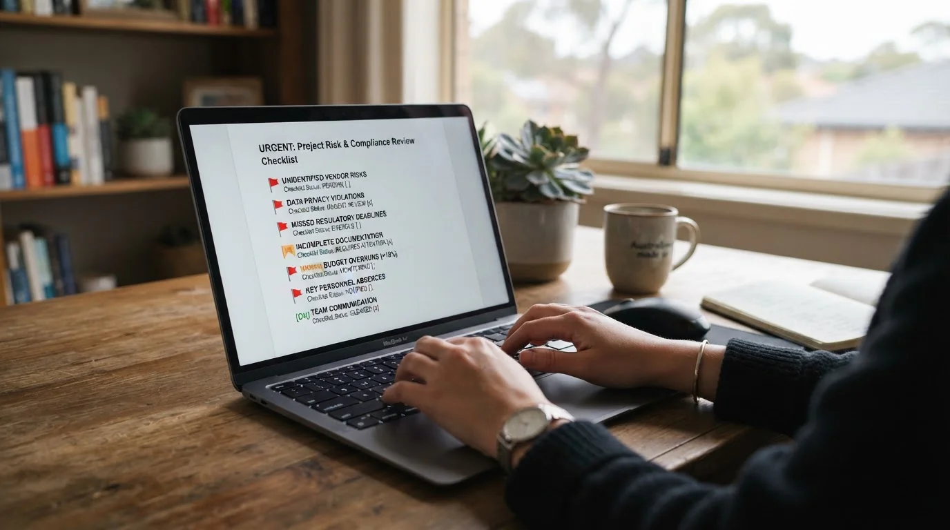 Laptop screen showing warning checklist document with red flag icons for spotting deceptive casino claims