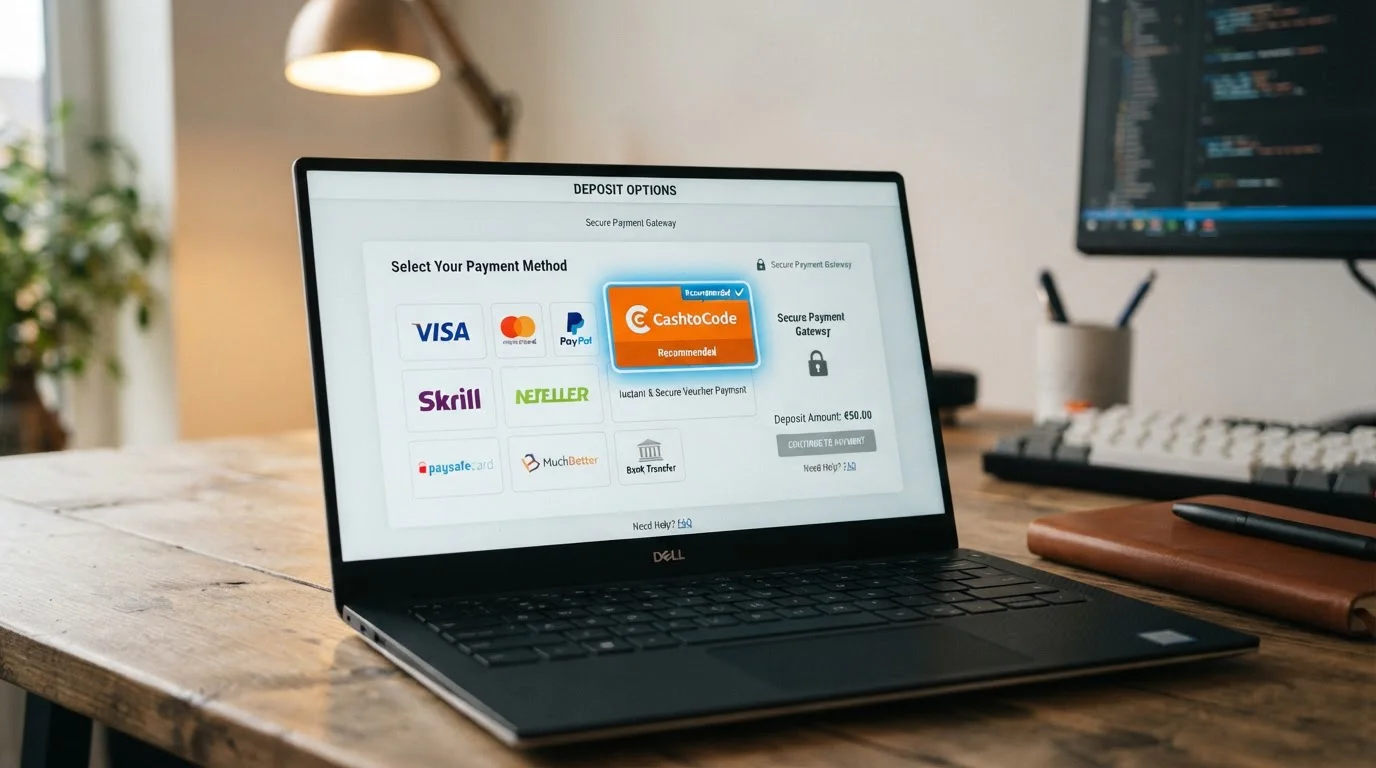 Laptop screen showing offshore casino payment options with CashtoCode highlighted