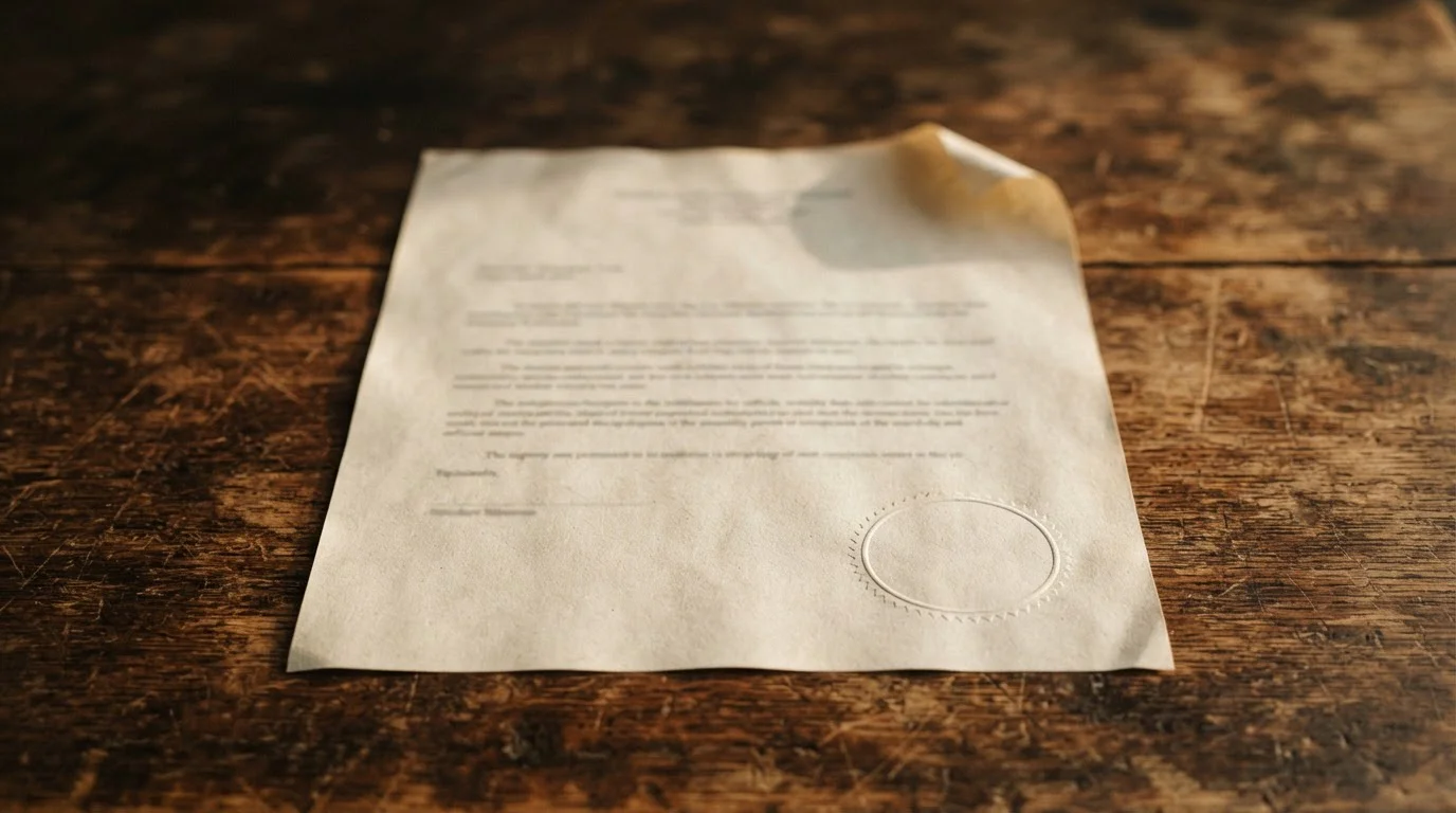 Plain permit document with an unmarked embossed seal lying on a wooden table in daylight
