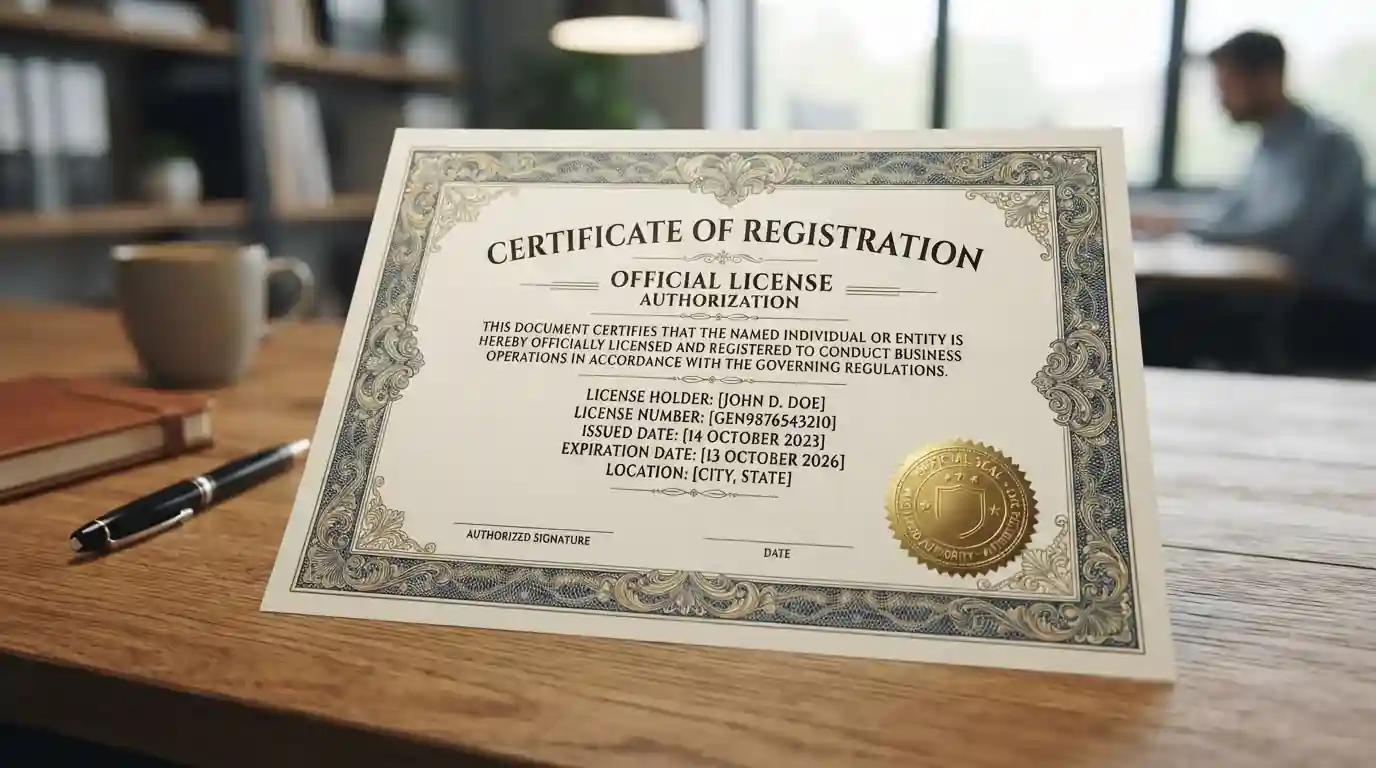 Generic official license certificate document on wooden desk surface