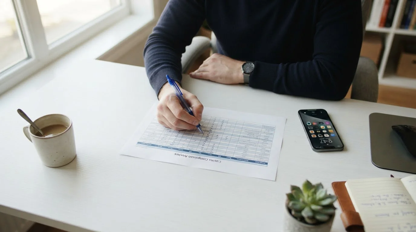 Person reviewing printed casino comparison spreadsheet on clean desk with pen and smartphone