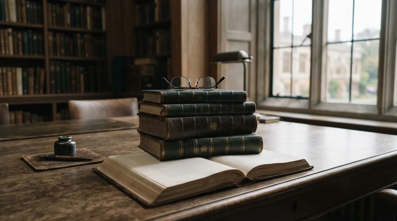 Bound legislative volumes open on a desk with reading glasses resting on top