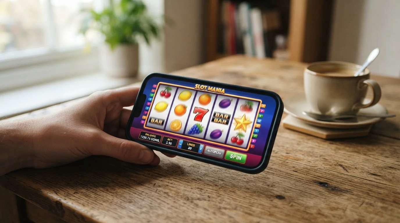 Smartphone on table displaying colorful slot game reels in casual home setting