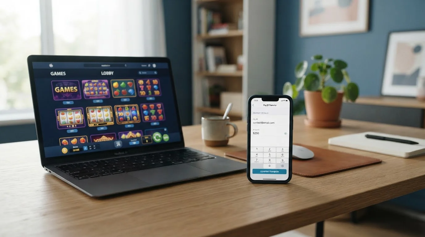 Australian online pokies PayID banking interface on smartphone and laptop
