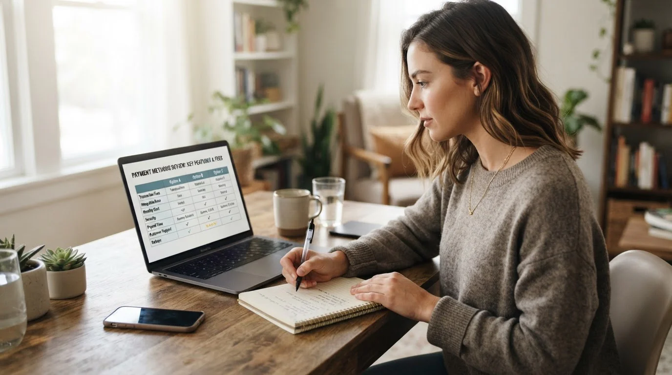 Person at desk comparing payment method options on laptop