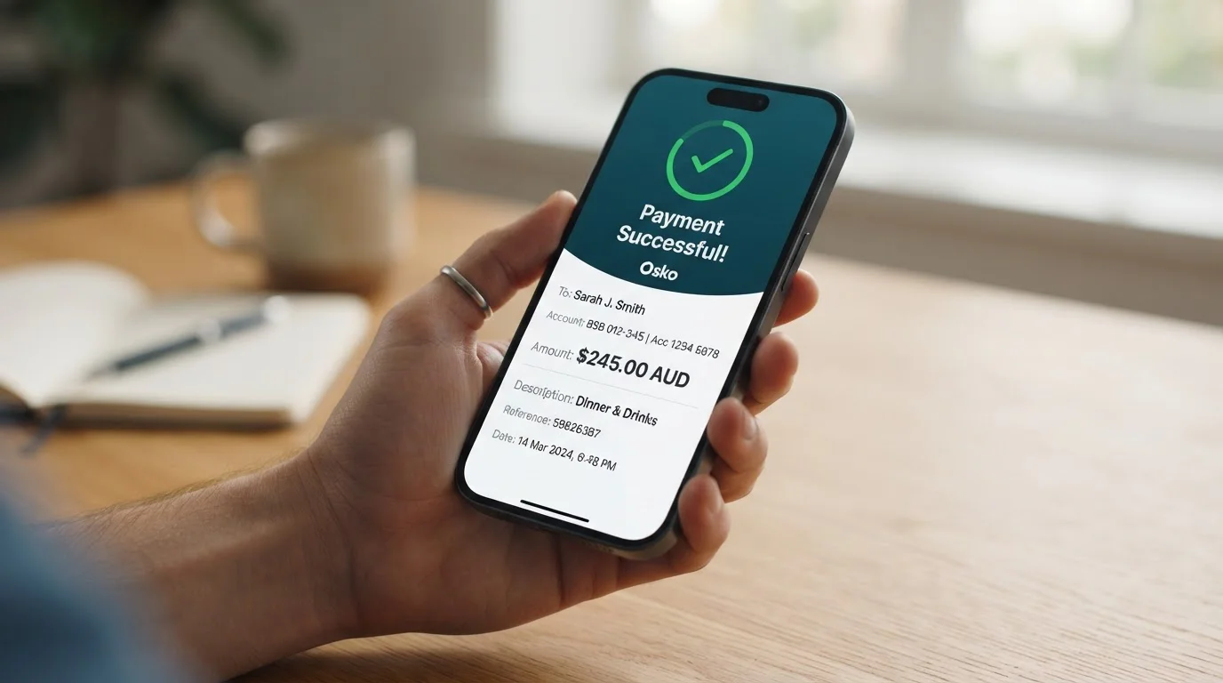Mobile phone showing banking app with Osko payment confirmation screen