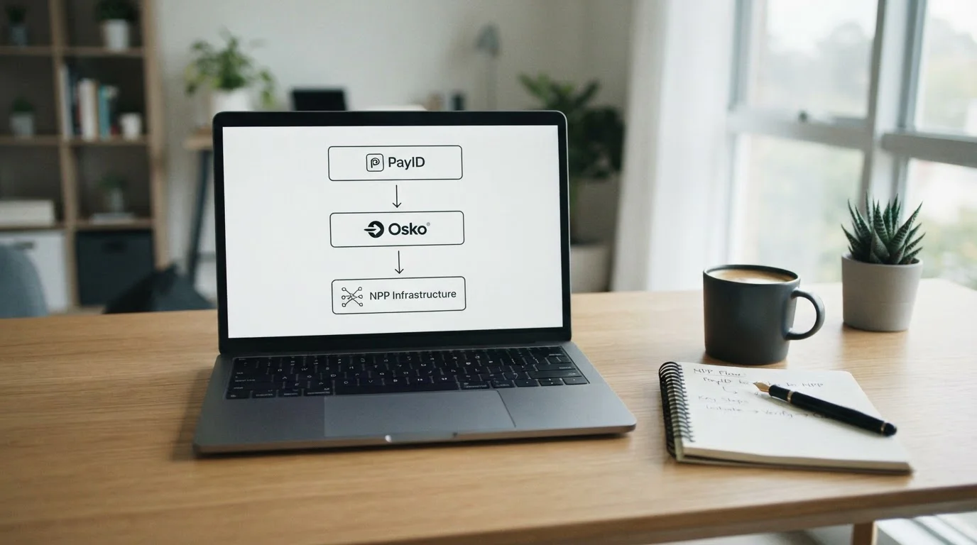 Clean desk with laptop showing NPP payment flow diagram
