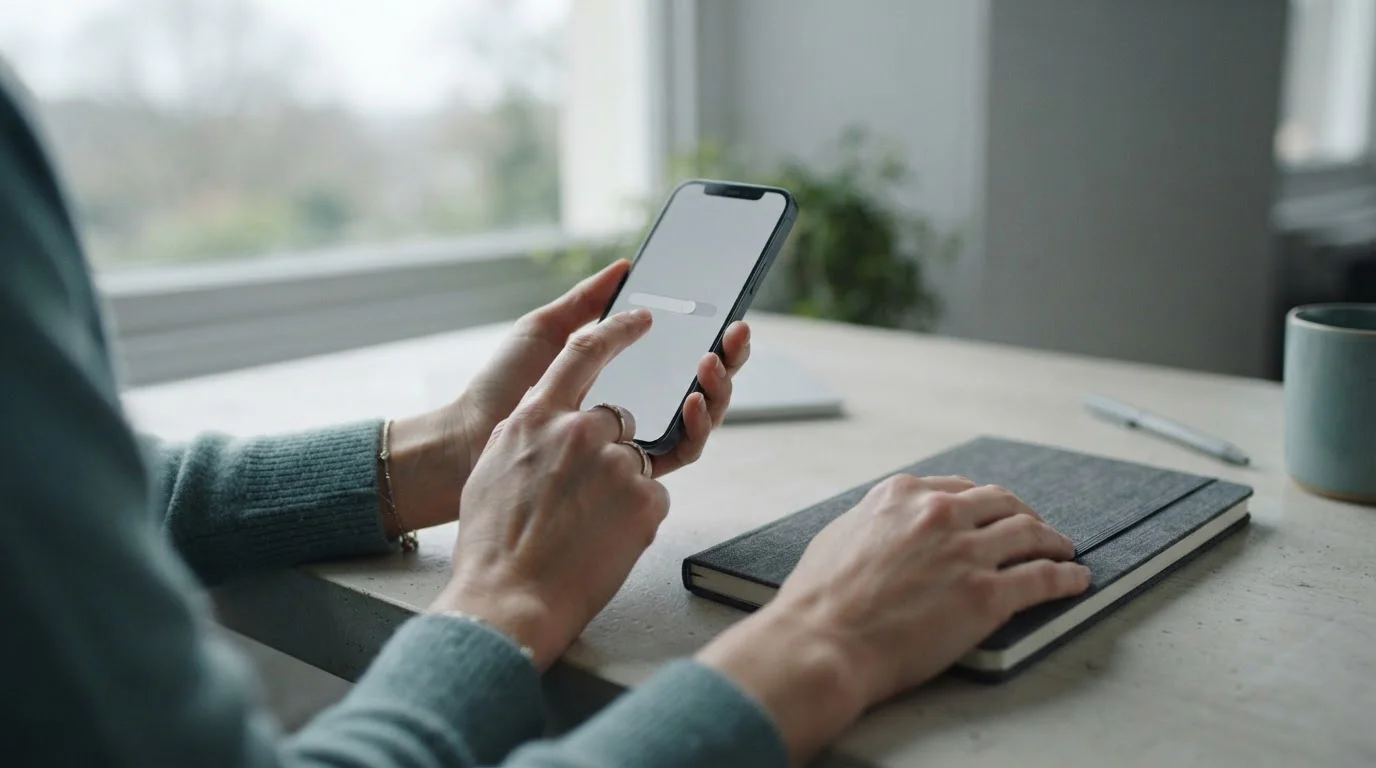 Hand adjusting a slider on a phone settings screen beside a closed notebook